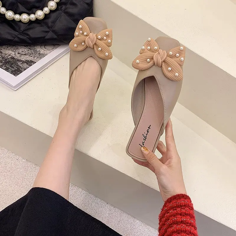 

Female Shoes Slippers Women Summer Luxury Slides Low Cover Toe String Bead Loafers Butterfly-Knot 2021 Designer Flat Rubber Butt