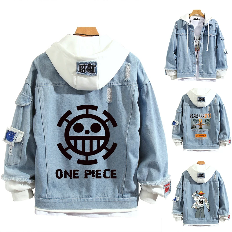 

Джинсовая куртка-бомбер с Аниме One Piece D Luffy, джинсовая толстовка с капюшоном, унисекс, худи с рваными дырками для косплея