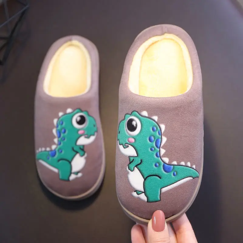 

Children Warm Thick Non-Slip Furry Slippers Autumn Winter Home Indoor Slip-On Kids Baby Shoes New Green Dinosaur Fuzzy Slippers