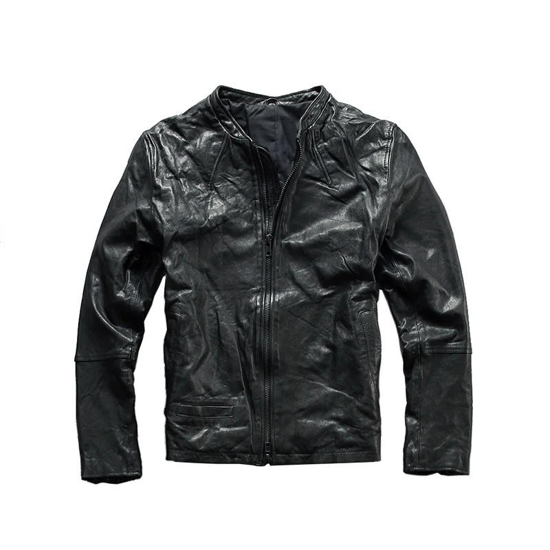 

stand collar slim fit genuine jacket men black sheepskin coats zipper men's coat autumn leather clothing