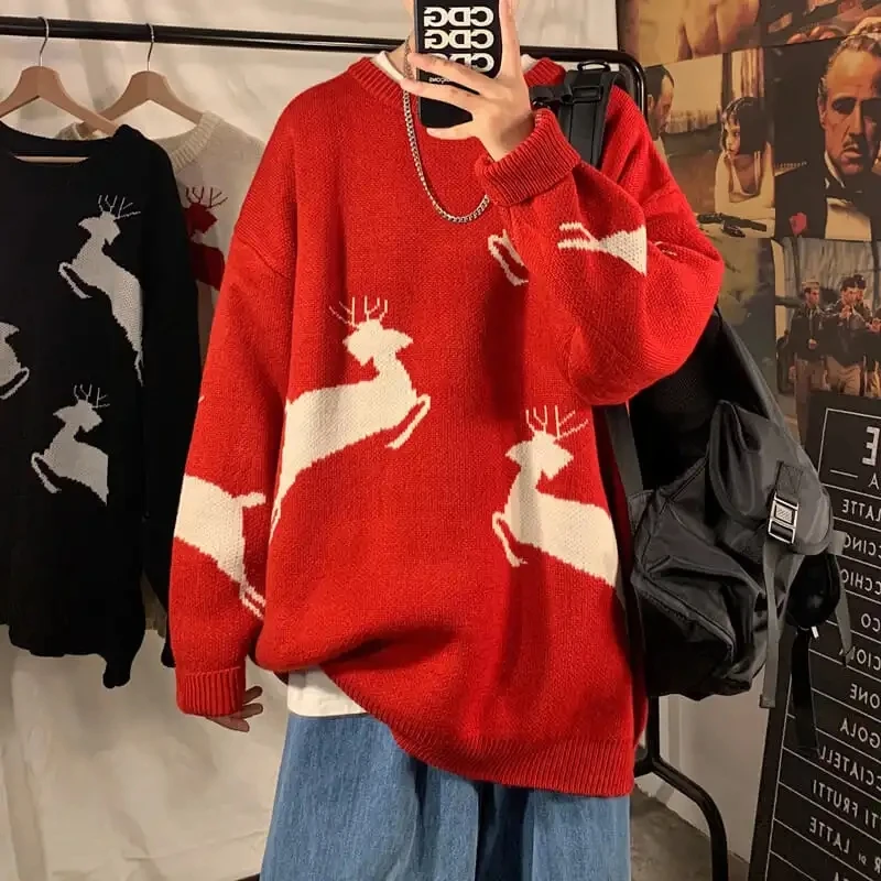 Мужской свитер с круглым вырезом Красный свободный в Корейском стиле Осень-зима