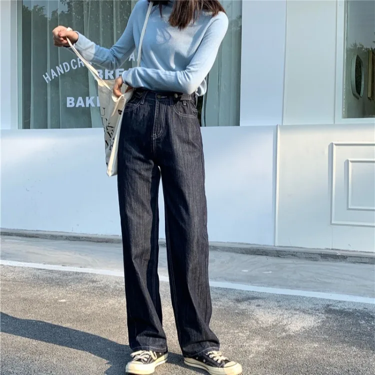 Dark Blue Jeans Women Wide Leg Pants 