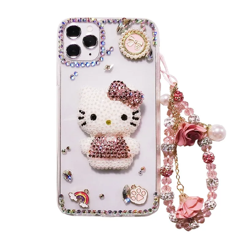 

For iPhone 12 Pro Mini 11 Pro XS Max X XR 8 7 6 Plus SE Fashion DIY Cute 3D Bowknot Pearl Bling Crystal Chain Diamond Case Cover