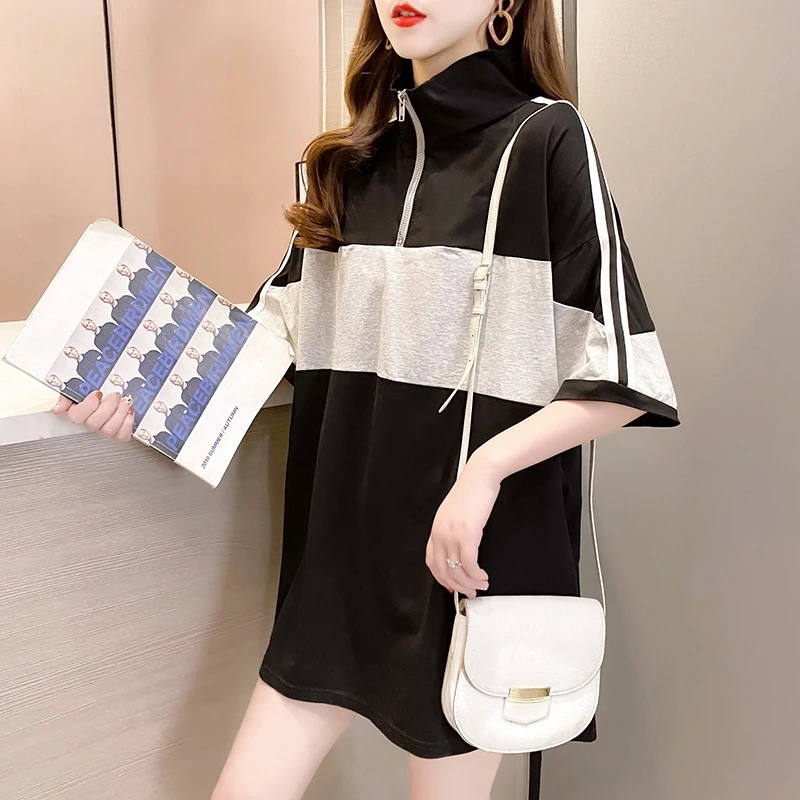 

2021 nian New Style Summer Korean-style Fat mm Loose plus Size Women's Clothing Multi-Colored Half-Turtleneck Short Sleeved