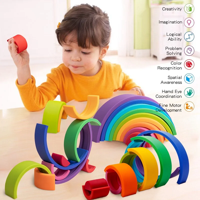 silicone rainbow blocks for children rainbow stacker stacking blocks toy baby constructor montessori games educational toys gift free global shipping