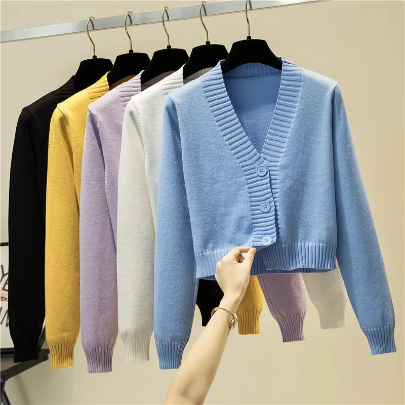 

Короткий кардиган с высокой талией, Женский весенне-осенний зеленый топ с V-образным вырезом, корейский тонкий свитер, маленькое пальто