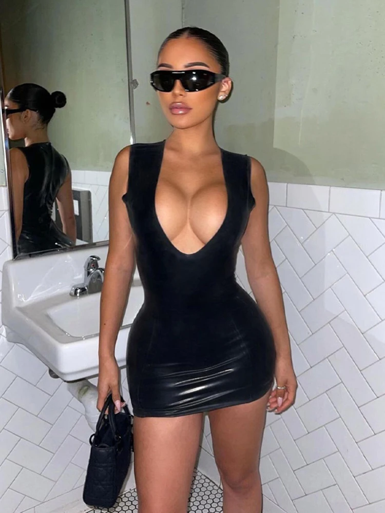 

Sexy PU Leather Black Mini Dress for Women Elegant Outfits Club Party Sleeveless Backless Plunge Dresses Summer