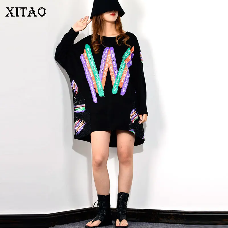 XITAO повседневная женская футболка в стиле пэчворк расшитая блестками 2019 осенняя
