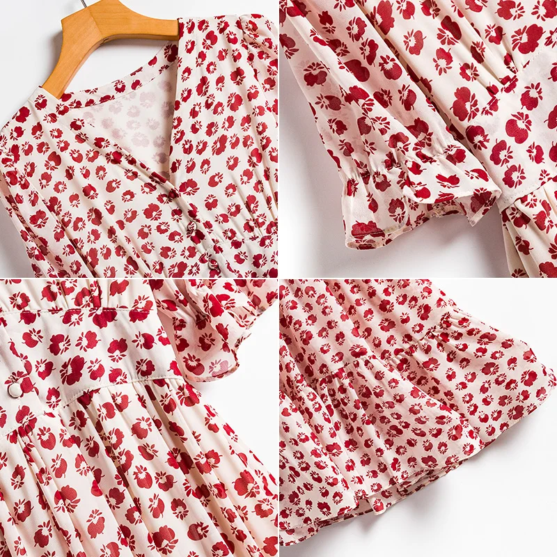 

New Chiffon Floral Dress Summer Fashion V-neck Short-Sleeve Elastic Wasit Slim Long Midi Dress Casual Beach Basic Style