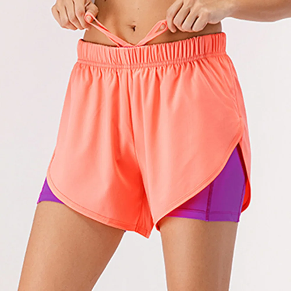 

Women Summer 2 in 1 Gym Shorts Quick Dry Phone Pocket Elastic Waist Drawstring Running Gym Fitness Shorts Sportswear