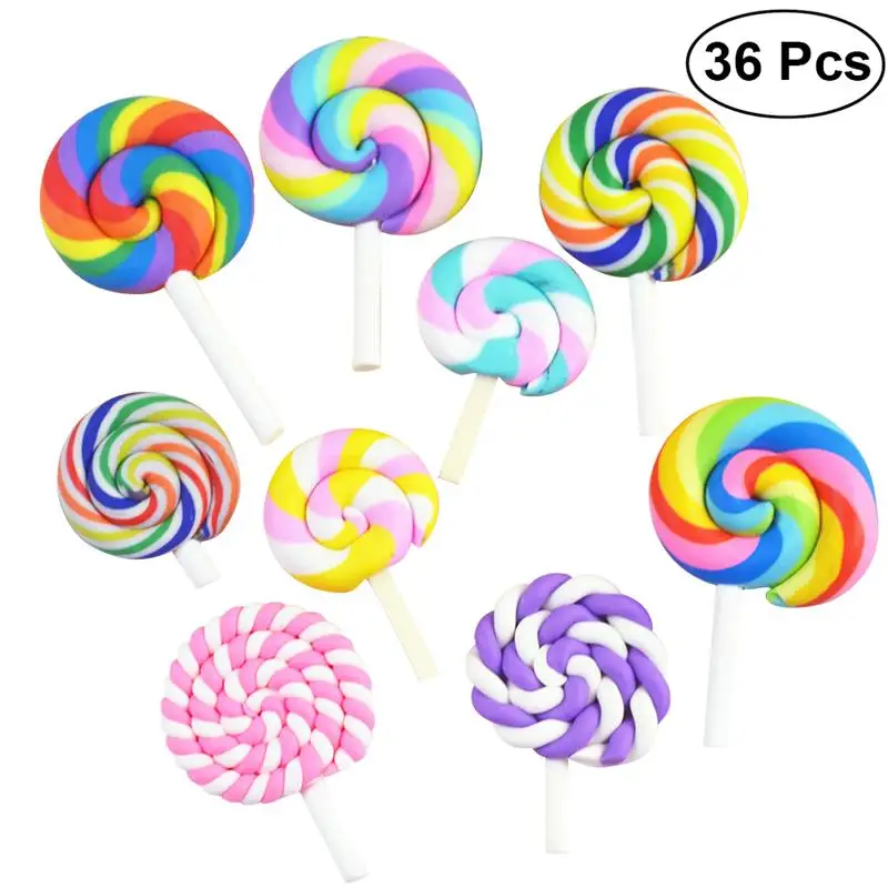 

36 Pcs Clay Lollipop Candy Embellishment DIY Rainbow Color Lolly Crafts (Random)
