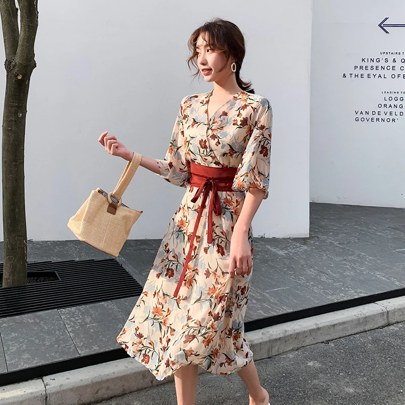 

Lace-Up Floral Dress Women Summer Half Sleeve Chic V-Neck A-Line Printed Dresses Female Summer Mid Length Vestidos With Belt