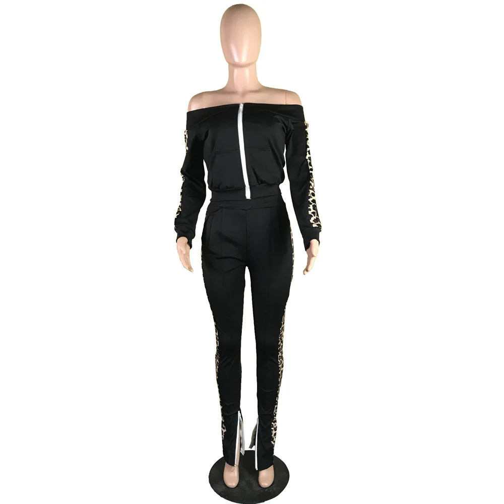 

Full Sleeve Leopard Color Block Double Shoulder Sleeveless Fake Zippers Tops And Exposed navel Trousers Split Slim Fit Pants New
