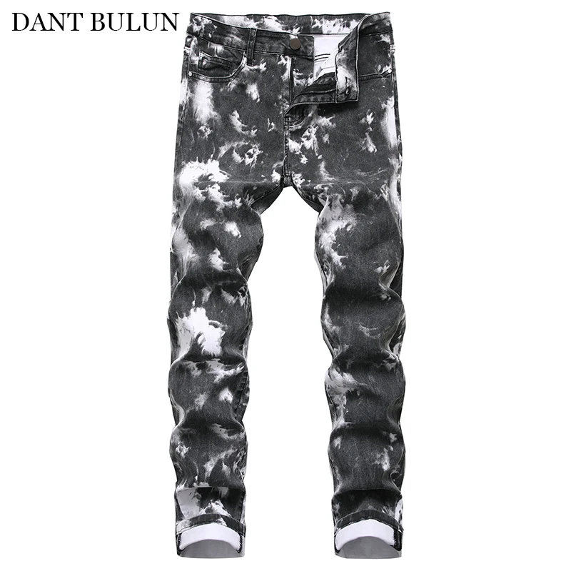 Джинсы мужские облегающие повседневные штаны из денима с цветным принтом модные