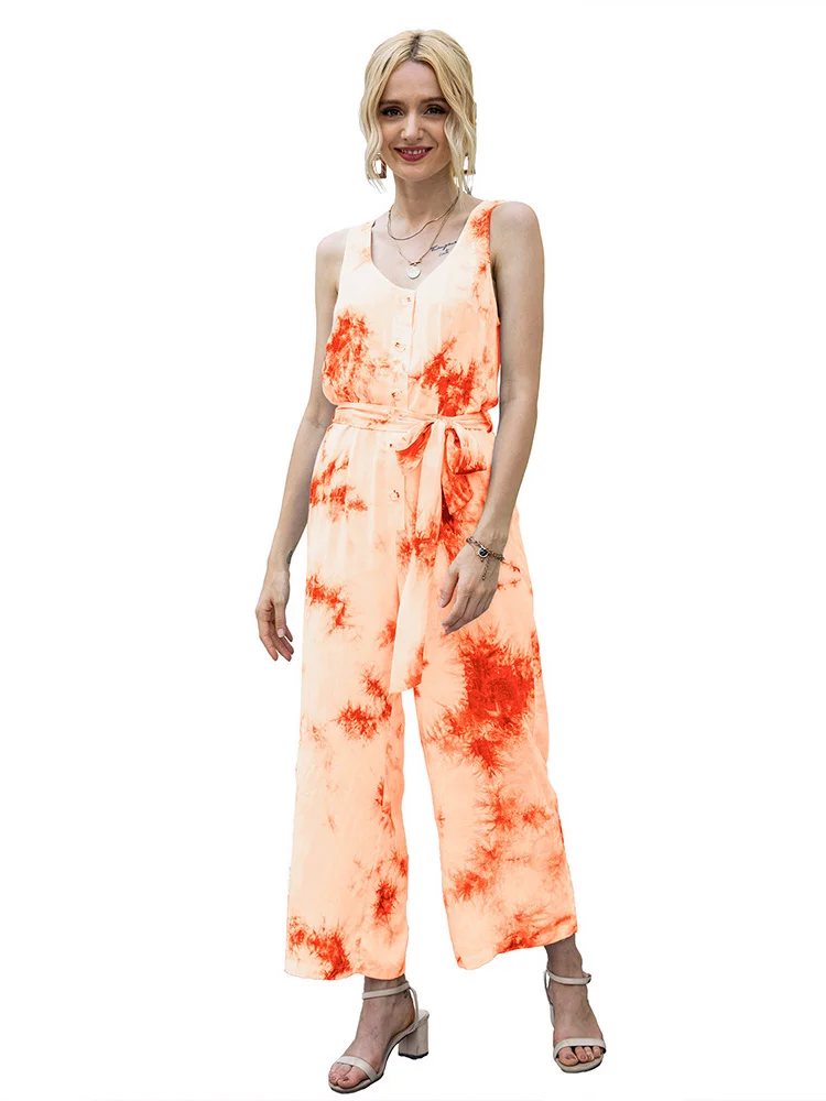 

2021 Summer Tie Dye Rompers Casual Draw Back Siamese Has A Belt Trousers Female