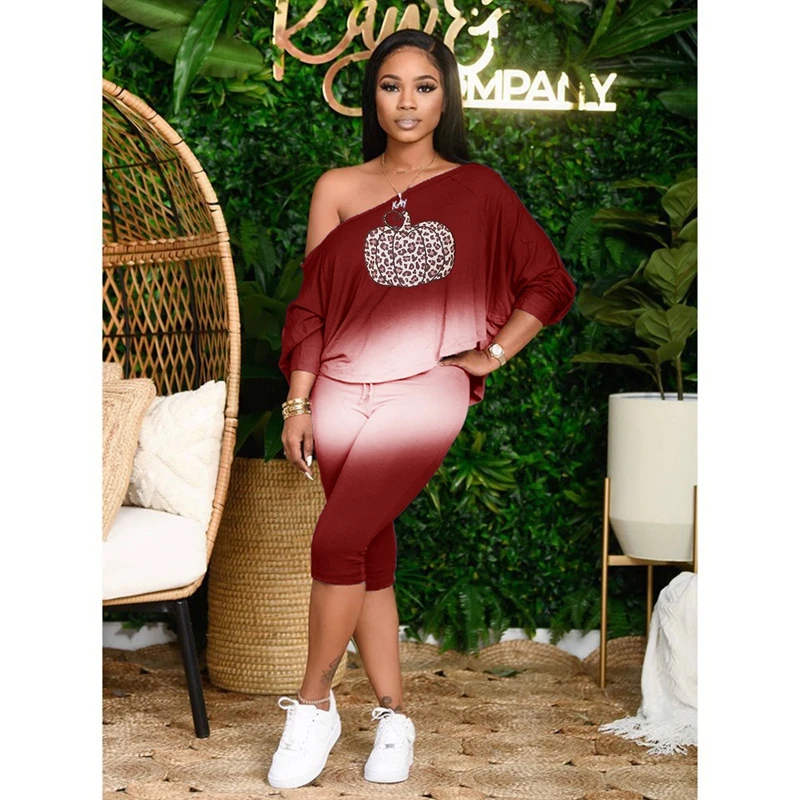 

TNNAOFF Plus Size 2 Piece Tracksuits Women Set Gradient Print Long Sleeve T Shirt Fall Sexy Sweatpans Lounge Wear Matching Sets