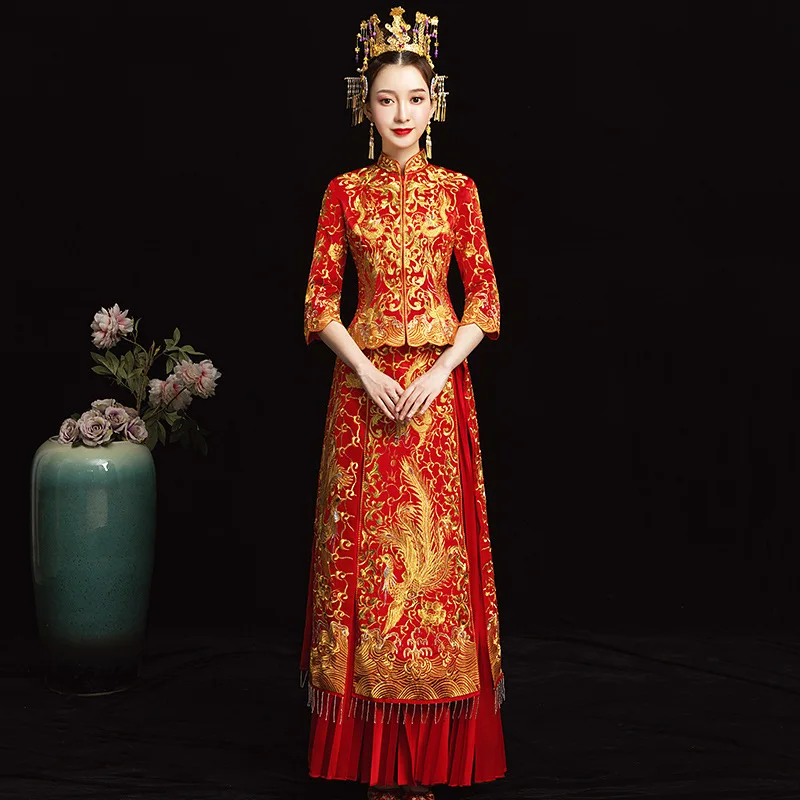 

Винтажный женский костюм Чонсам для брака традиционное платье с вышивкой дракона феникс Ципао азиатское свадебное платье для невесты