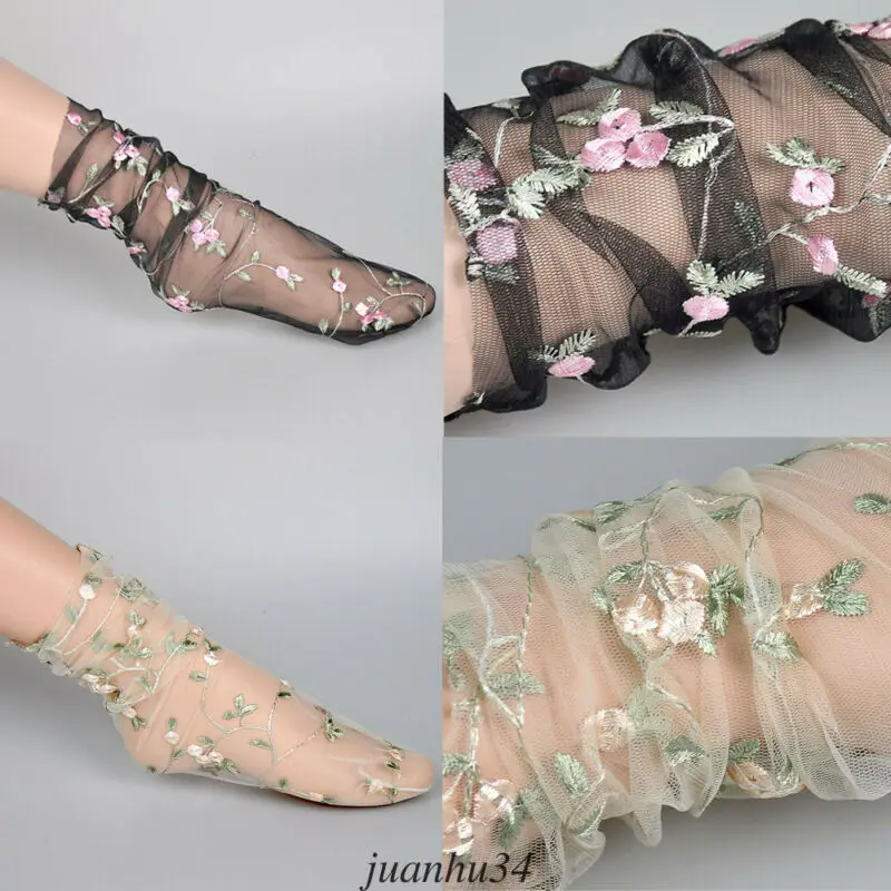 Женские летние милые сетчатые носки с цветочной вышивкой тонкие прозрачные