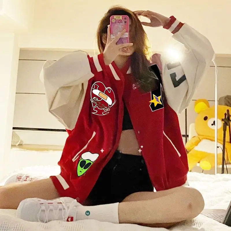 

Red Baseball Jackets Ladies Embroidery Patchwork Jackt 2021new Streetwear Hip-hop Boyfriend Loose Casual Baseball Uniform