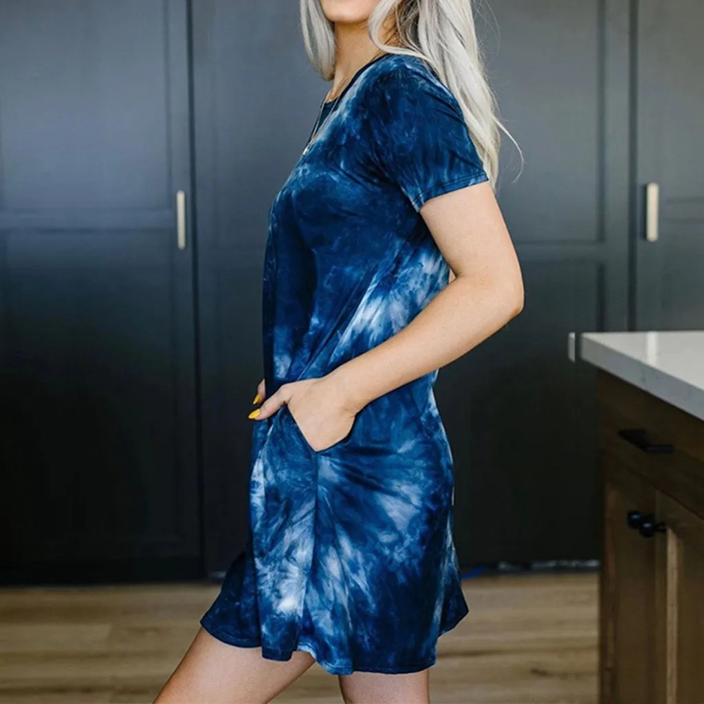 Женское Повседневное платье с круглым вырезом коротким рукавом и карманом темно