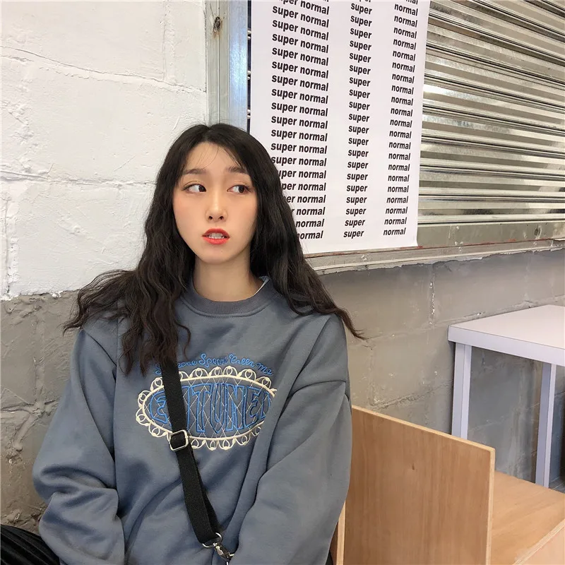 

Autumn Winter Korean Clothes Embroidery Letter Hoodies Women Loose Oversize Pullovers O-neck Fashion Brand Casual Sweatshirts