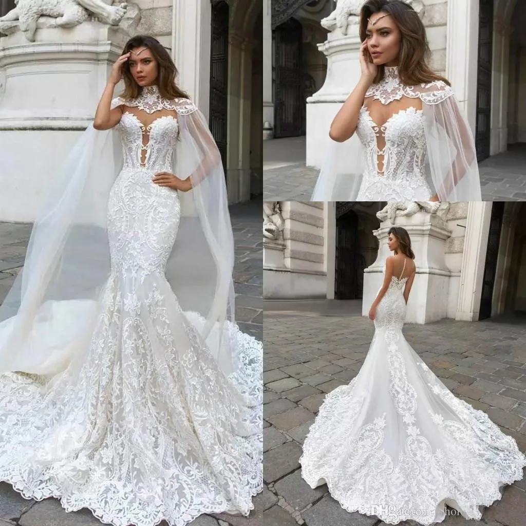 

2021 beautiful lace mermaid wedding dress with Gugel back Caped Sheer Mesh Top Applique Plus size bride vestido