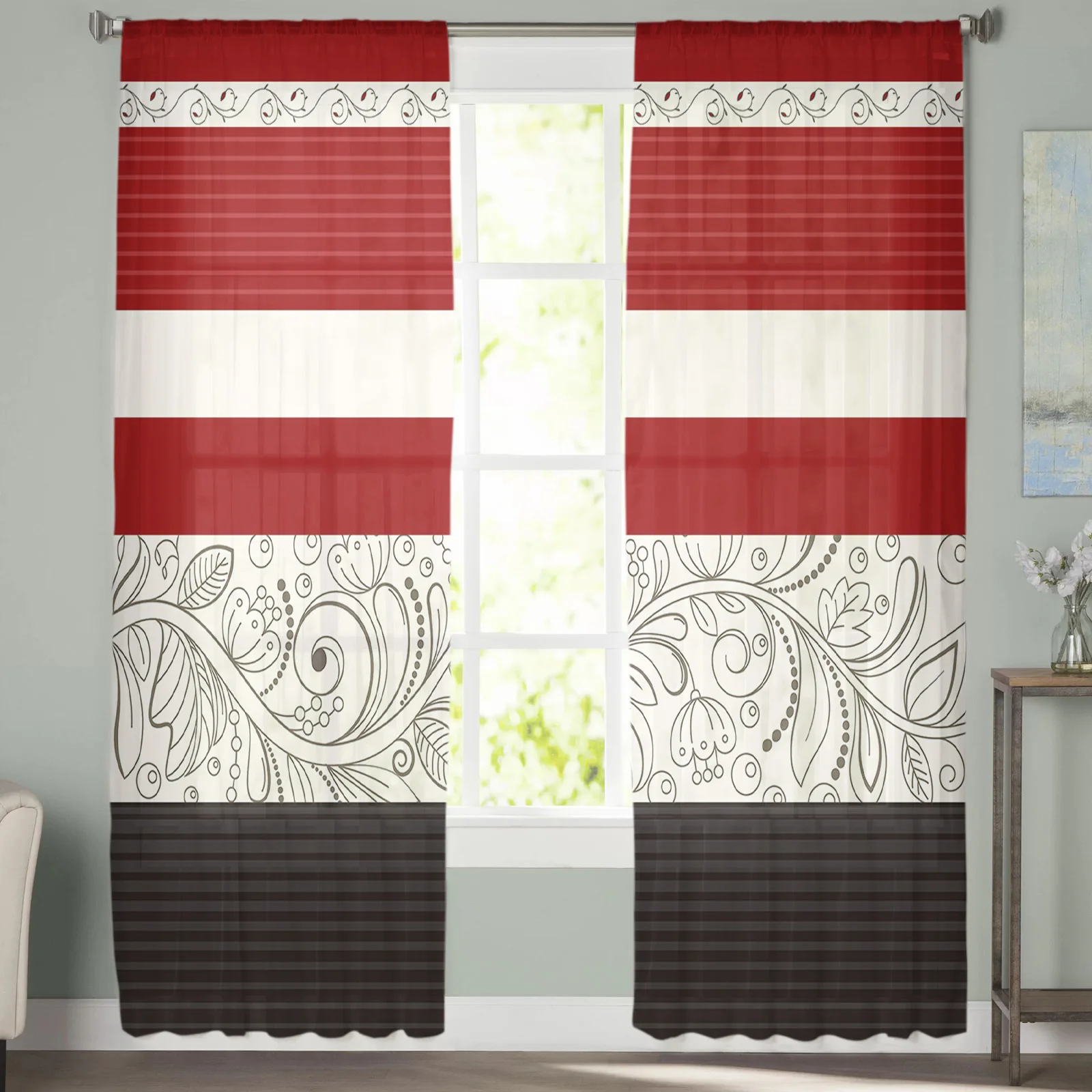 Винтажные красные современные шторы с цветами для гостиной прозрачные тюлевые