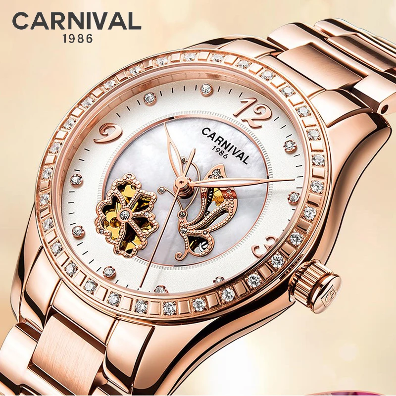 CARNIVAL Luxury Brand Rose Gold Watch Women Fashion Diamond Automatic Mechanical Watches Ladies Luminous Clock Relogio Feminino