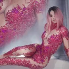 Женское трико для ночного клуба, красные стразы, стрейчевый комбинезон, комбинезон украшенный кристаллами, сексуальный костюм для диджея, танцевальный Акробатический для выступлений