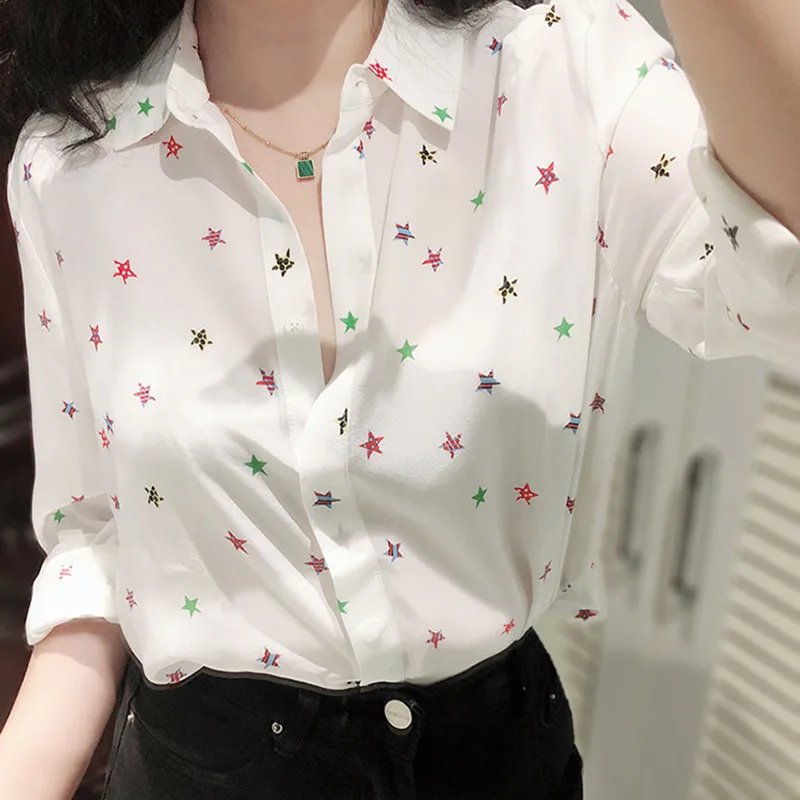 

Цветная блузка с принтом звезд для женщин 100% шелковые блузки с длинным рукавом отложной воротник рубашки 2021 Весенняя Новинка