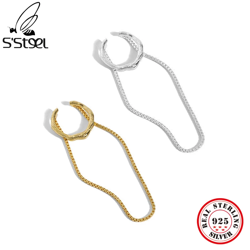 S'STEEL Sterling Silver 925 C-shaped Design Chain Texture Ear Clip Earrings For Women's Luxury Ear cuffs 2021 Fine Jewellery