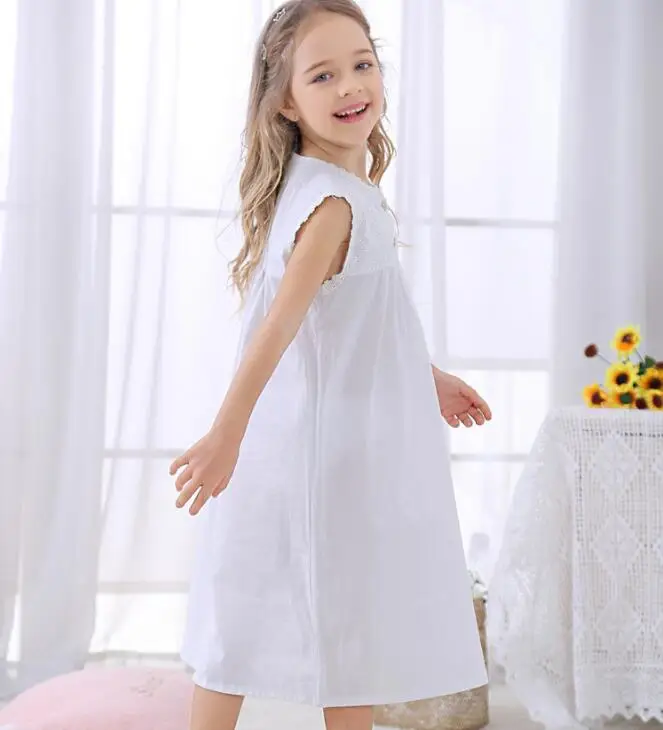 Летняя белая кружевная ночная рубашка без рукавов для девочек хлопковая