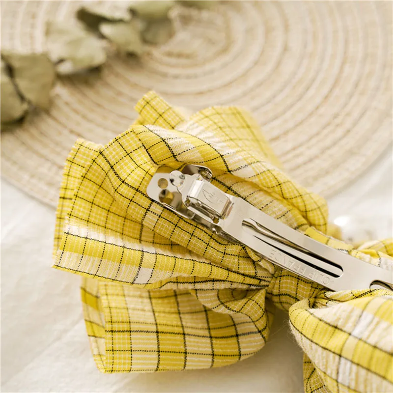 

Vintage Plaid Hairpins Pearl Pleated Chiffon Large Bow Spring Clip Barrettes Hair Clip Hairgrips Plaid Hair Accessories Hairband