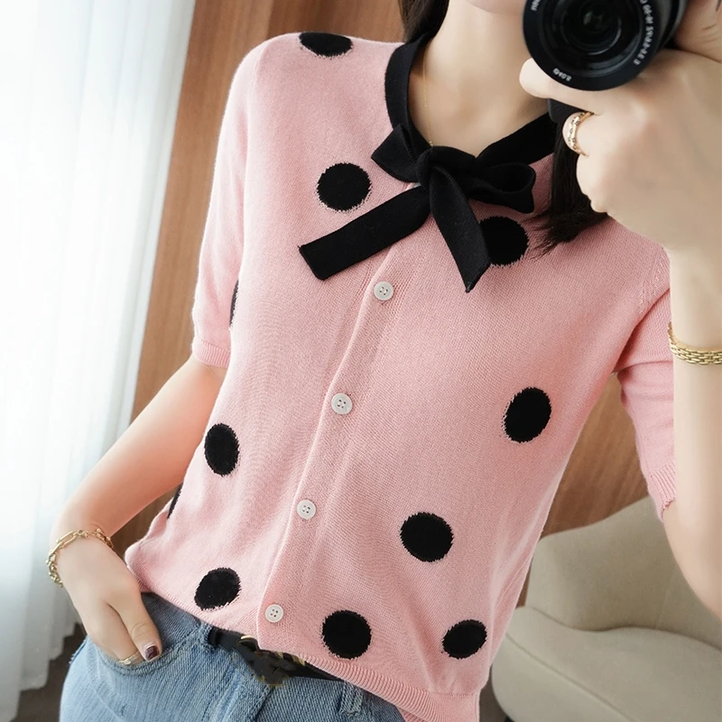 

100% Cotton Short-sleeved Summer New Style Ladies Bowknot O-neck Slim Cardigan Vest Women's Plus Size Knitted Bottoming T-shirt