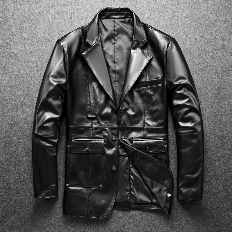 Фото Мужское пальто из натуральной кожи темно-коричневое длинное воловьей деловой
