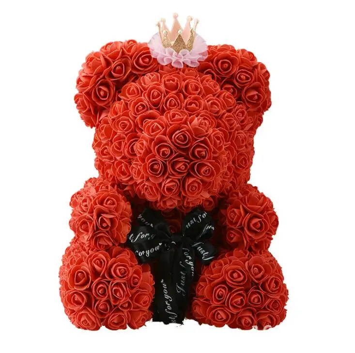 35cm with Crown Red Искусственные цветы Роза медведь многоцветный пластик пена роза цветок плюшевый медведь День Святого Валентина подарок День Рождения Вечеринка весеннее украшение - Цвет: 35cm with Crown Red