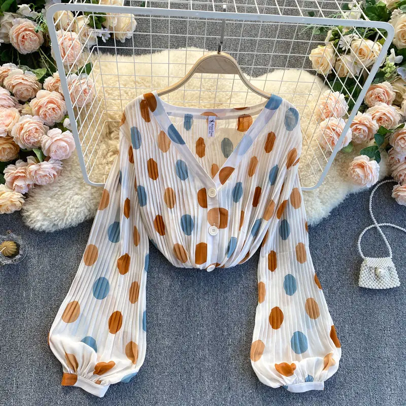 

EBAIHUI Polka Dot Button Up Shirts Women 2021 Summer Blouses Blusas Vintage Elegant Blouse Korean Lantern Sleeve Ladies Tops
