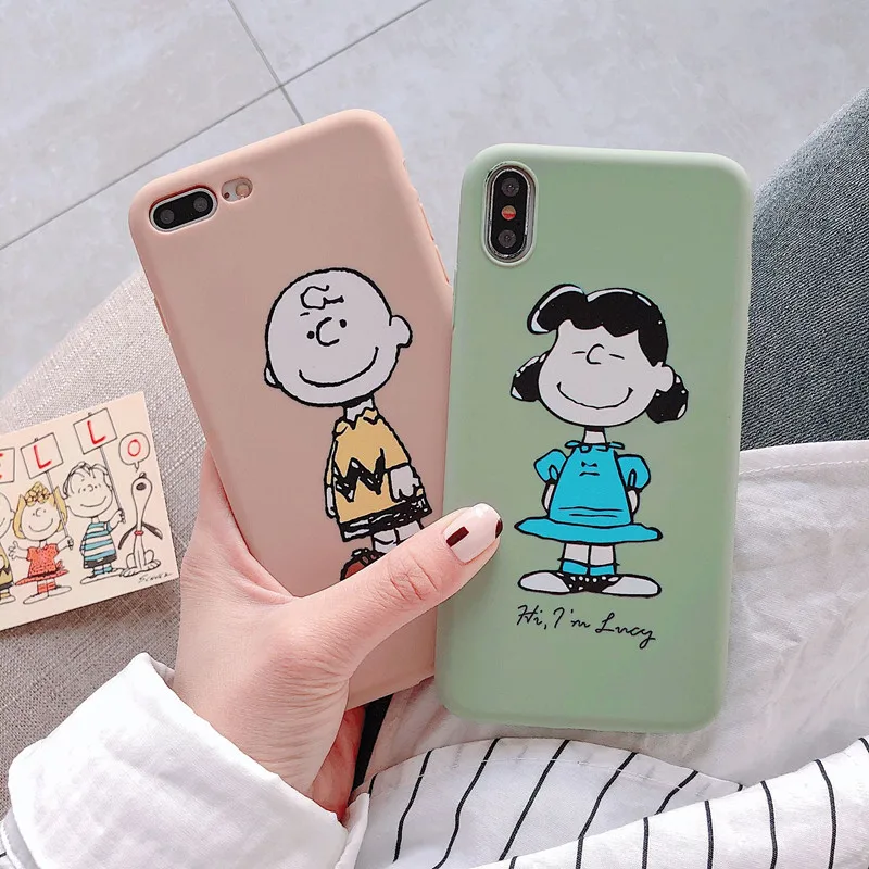 Kawaii Anime Charlie Brown Cases Silicon Cover For iPhone 7 7Plus 8 6s 6 Plus X XS MAX XR Cartoon Candy Color Couple Coque |