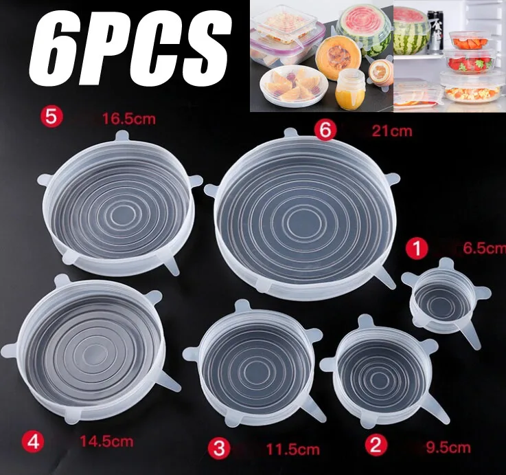 6 шт. многоразовые силиконовые растягивающиеся крышки для чаши универсальная
