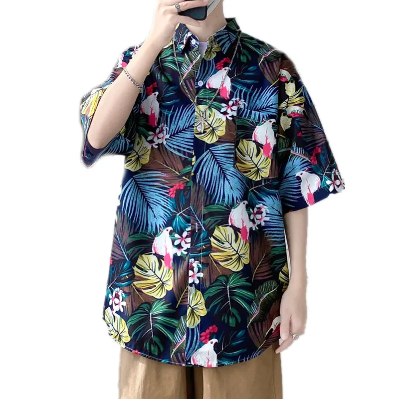 

Гавайская рубашка в тропическом стиле для мужчин, Повседневная Свободная футболка с коротким рукавом, с принтом пальмы, Листьев, на пуговицах, на лето