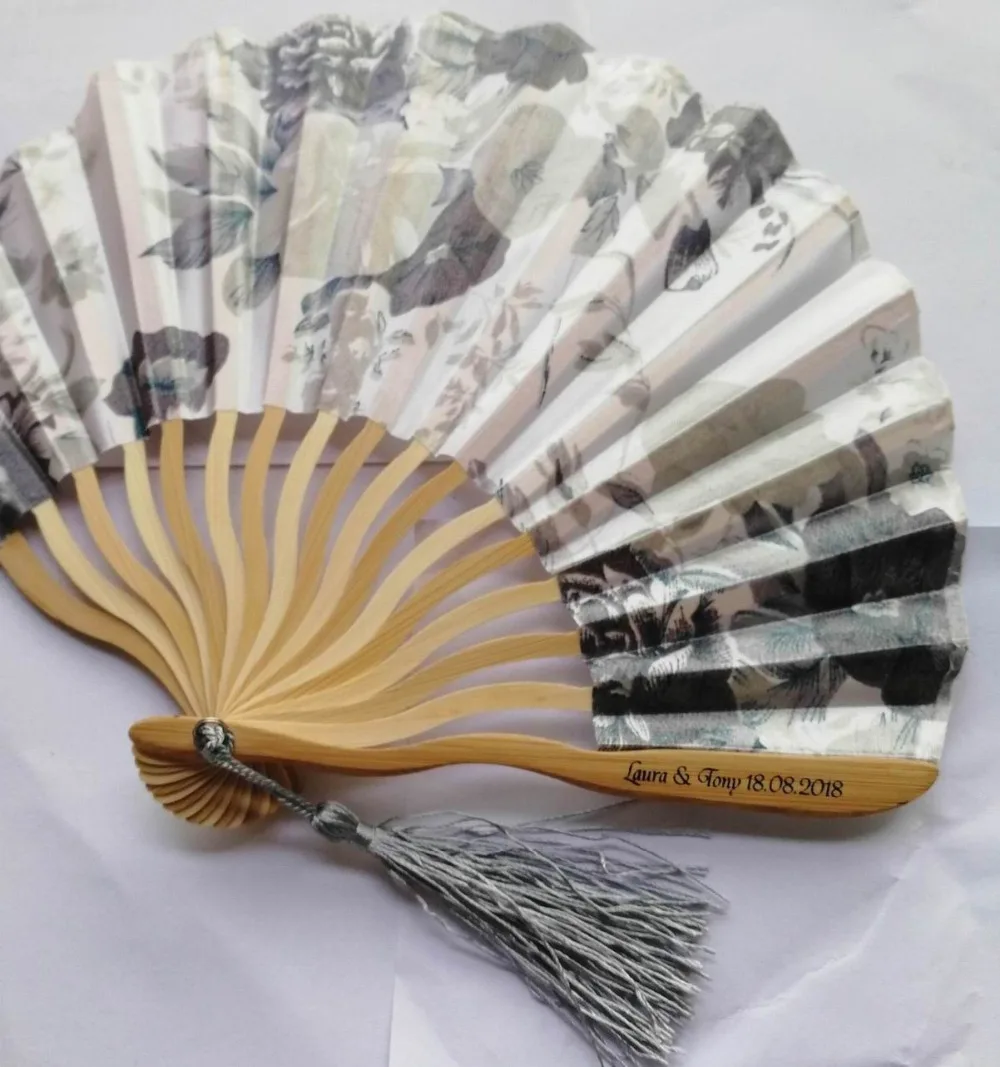 

50pcs Personalized/Customized Bamboo 100% Polyester Flower Blossoms Wedding Chinese Japanese Folding Fan With tassel+printing