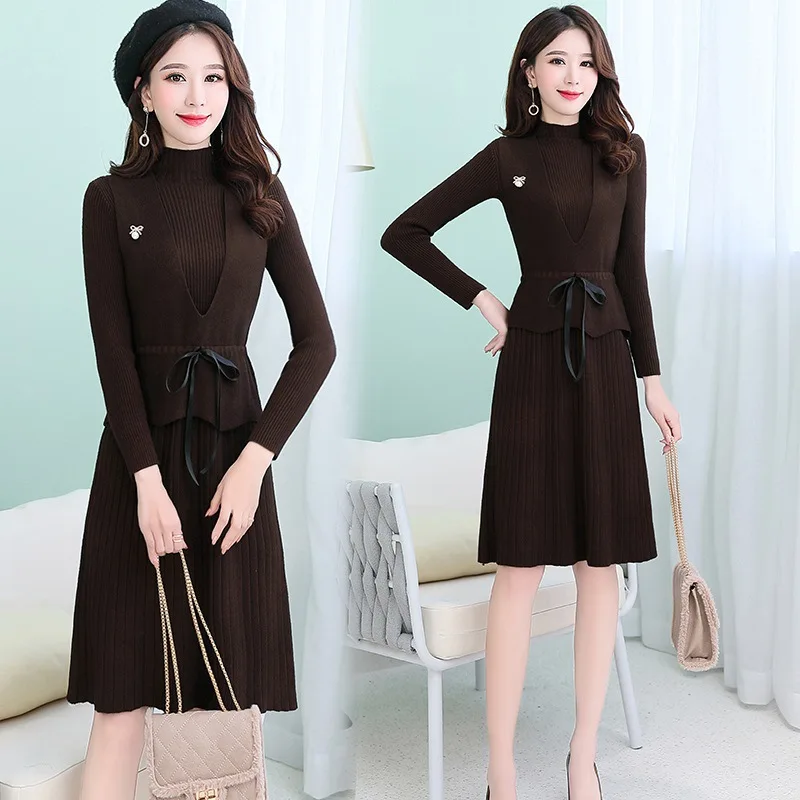 Женский офисный комплект из двух предметов элегантное вязаное платье-свитер с