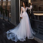 UZN Принцесса Атласное и Тюлевое свадебное платье кружевные аппликации V-образный вырез Длинные Пышные рукава Свадебные платья шикарные платья для невесты Vestido De