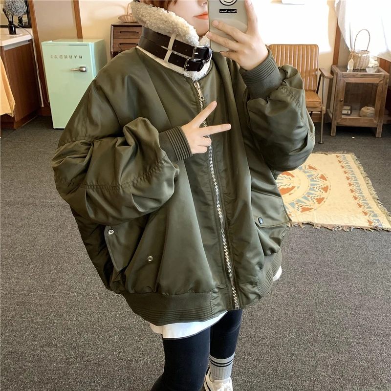 

Parker Cotton Clothes Women's Fashion Winter New Work Clothes Military Green Lamb Plush Coat Motorcycle Suit Pilot Jacket