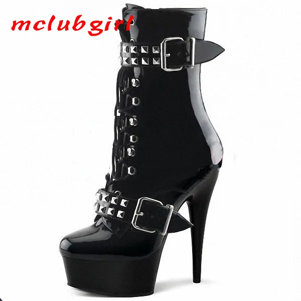 

Mclubgirl Women Sexy Club Rivet Belt Buckle Knight Boots Women 15cm Fine High Heel Waterproof Nightclub Shoes Boot Tide LYP