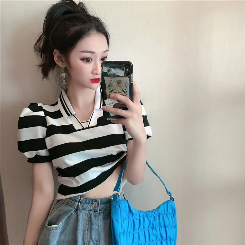 

Женская футболка с коротким рукавом, Повседневная Милая полосатая Винтажная Футболка-поло с V-образным вырезом, базовая пикантная короткая ...