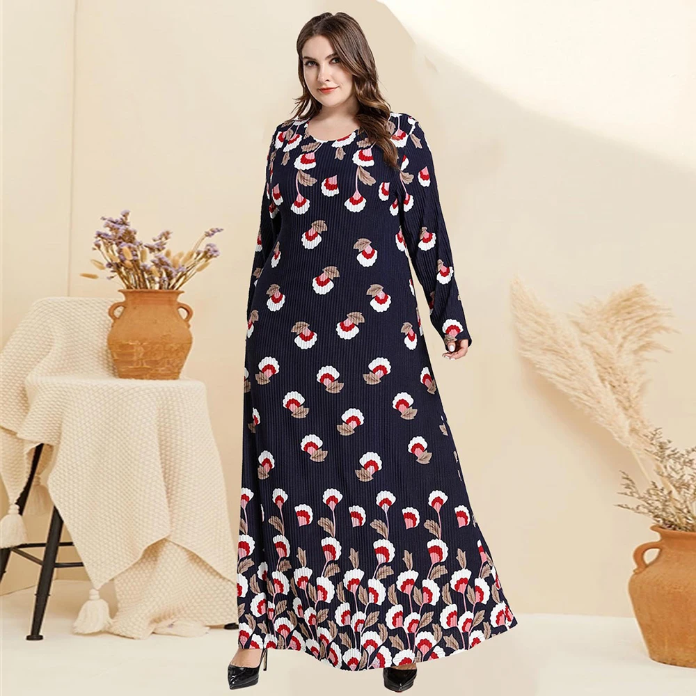 

FridayIn Summer Women's Dress 2021 Home Style V-Neck Casual Printing Blue Slim Kaftan Plus Size Clothing