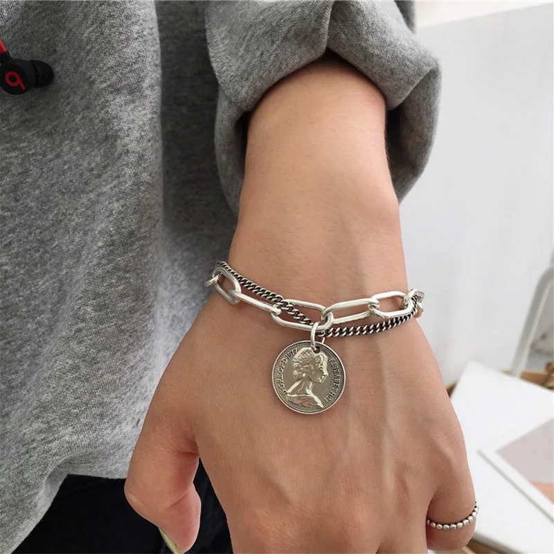 

Punk Bracelets Carved Coin Head Bracelet Bangle Bohemian Circle Queen Thick Chain Tassel Pendant Bracelet Women Jewelry