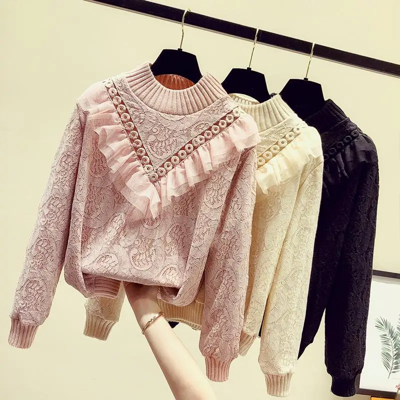 MUMUZI женская зимняя теплая кружевная блузка с длинным рукавом вязанная крючком