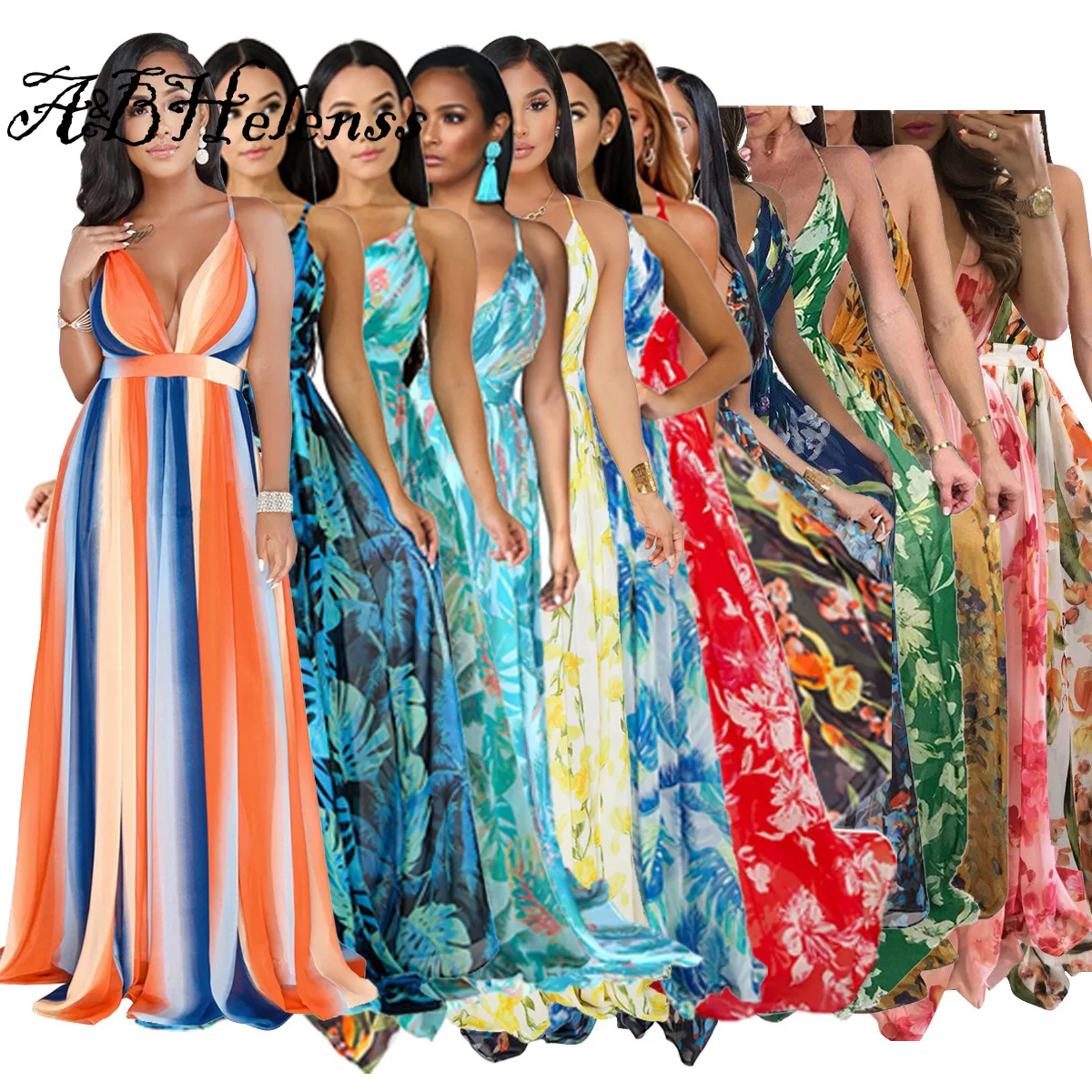 

A&BHelenss Summer Colorful and Elegant Beach Style Maxi Dress Sexy V Neck Street Style Colorful Gradient Print Long Dress